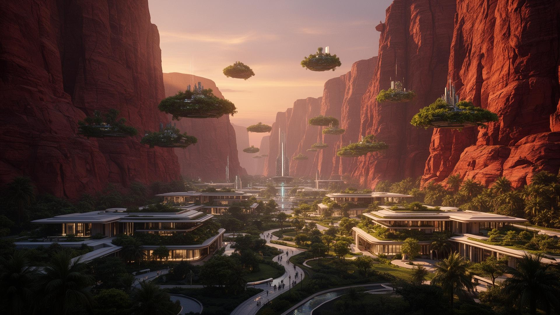 A future civilization integrated into vast red canyons at dusk